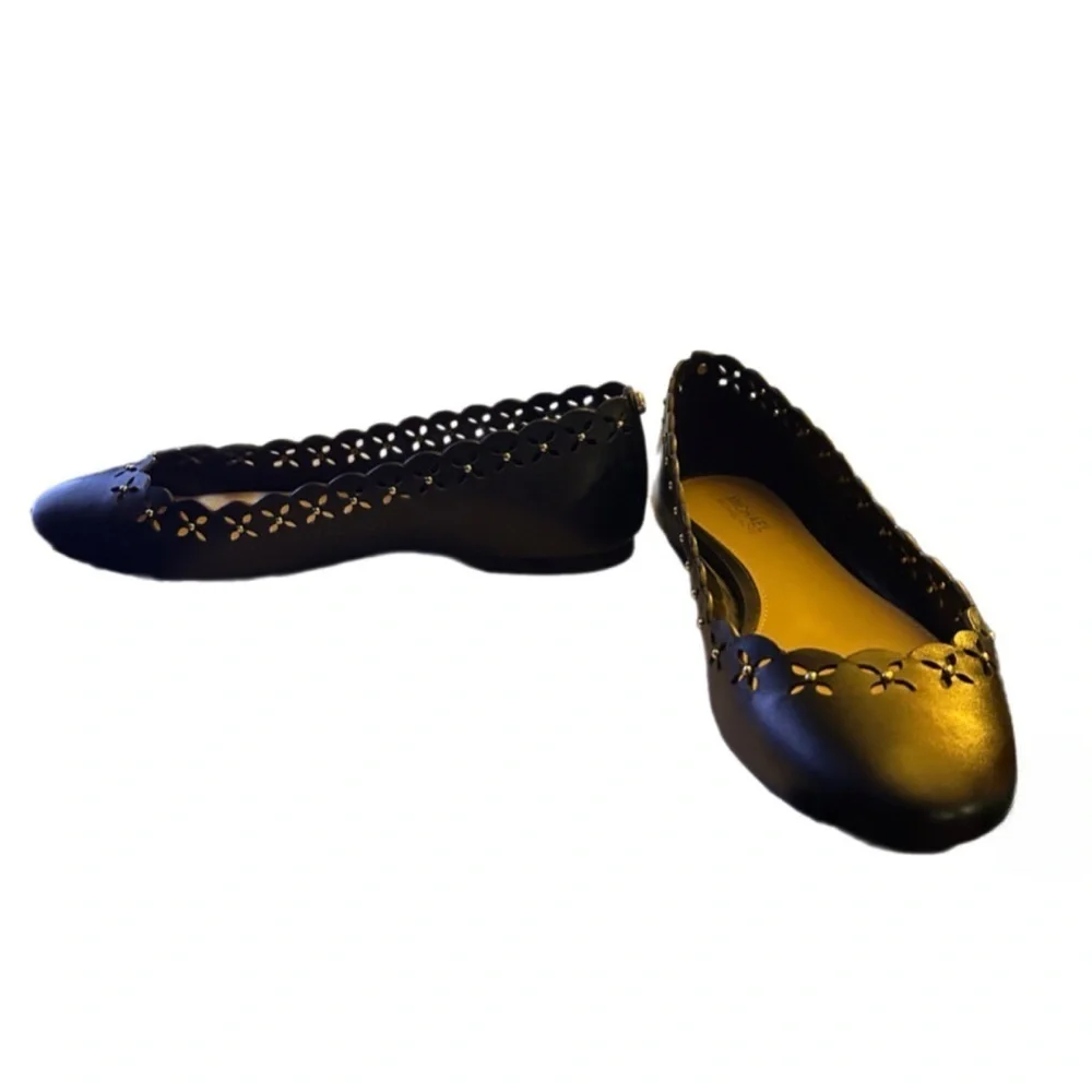 Michael Kors Thalia Black Leather Gold Stud Floral Ballet Flats, NWOT, Size 6
